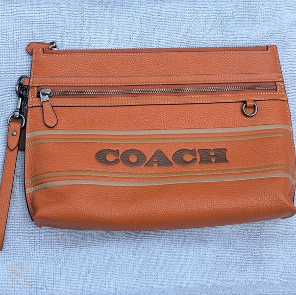 Coach Carry-All Large Pouch CH069 In Tan Coach Stripe Pebbled Leather - Picture 3 of 9